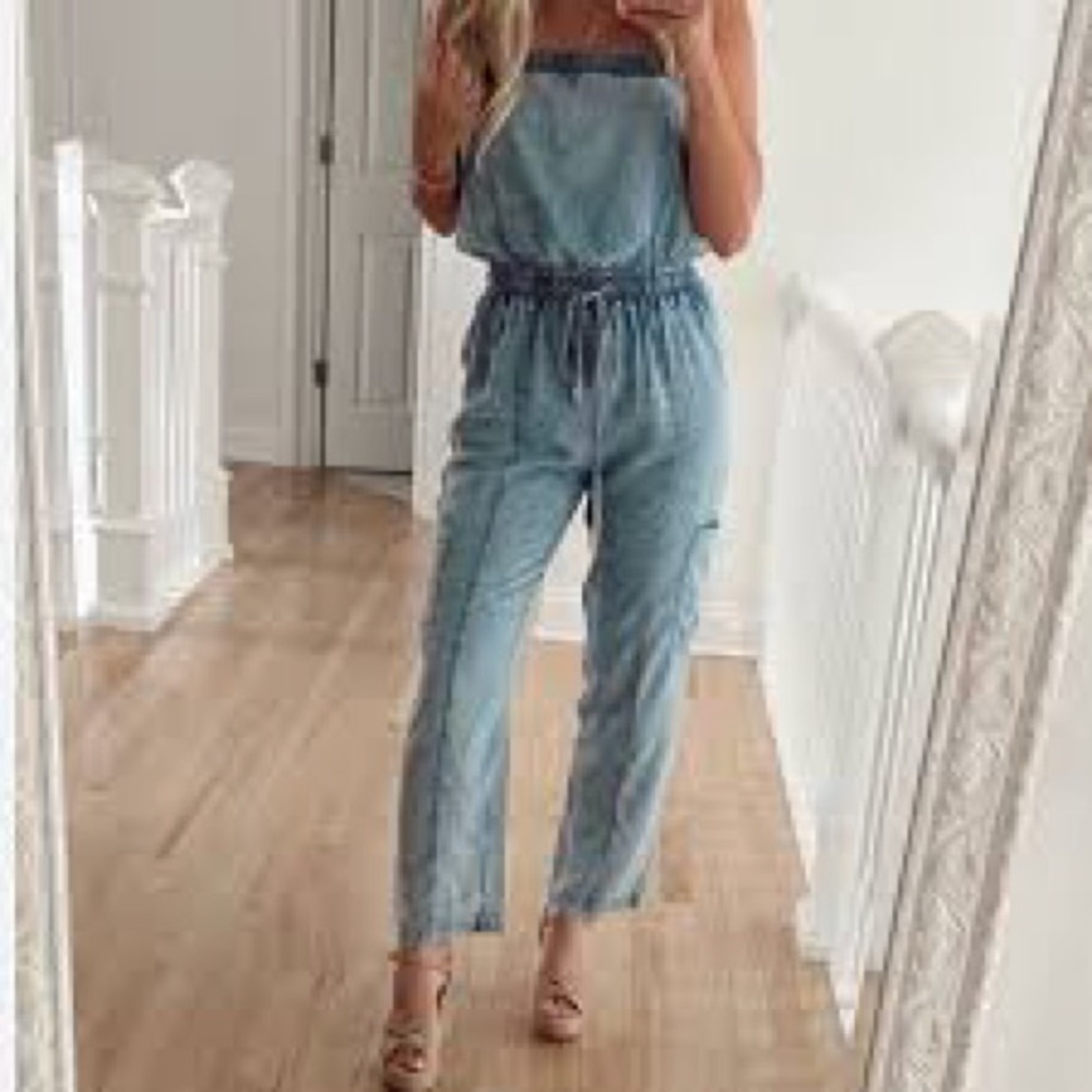 EVEREVE Emery Lyocell Strapless Cargo Jumpsuit Blue Size Small